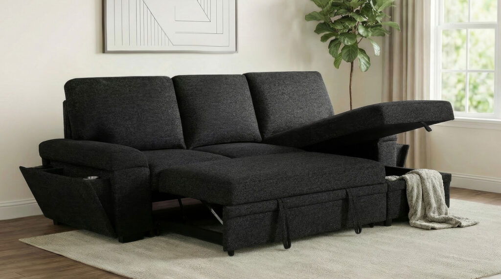 Demko Black Storage Chaise Sleeper Sectional Sofa with Speaker