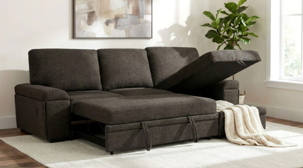 Demko Brown Storage Chaise Sleeper Sectional Sofa with Speaker