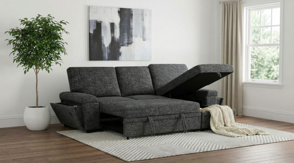 Demko Granite Storage Chaise Sleeper Sectional Sofa with Speaker