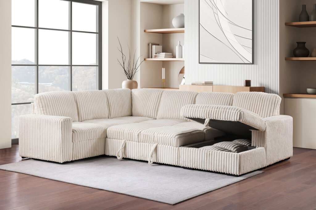 Devonshire Camel Storage Chaise Sleeper Sectional Sofa