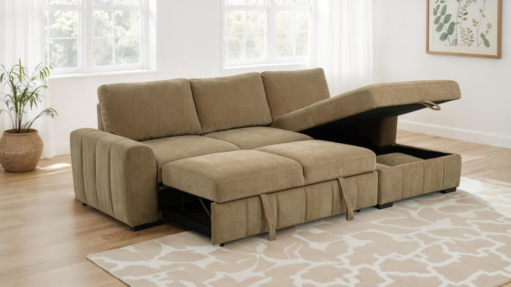 Pastrana Camel Upholstered RAF Chaise Sleeper Sectional Sofa